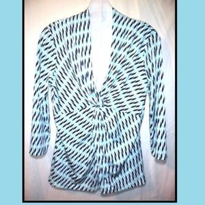 Blouse ~White Sky Blue Black Mod Twists -Draped V
